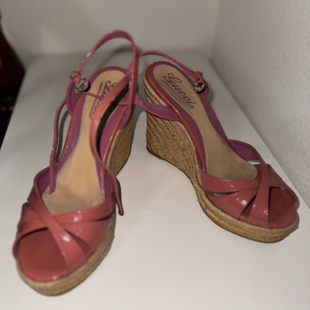 Gucci Pink Leather Wedge Sandals